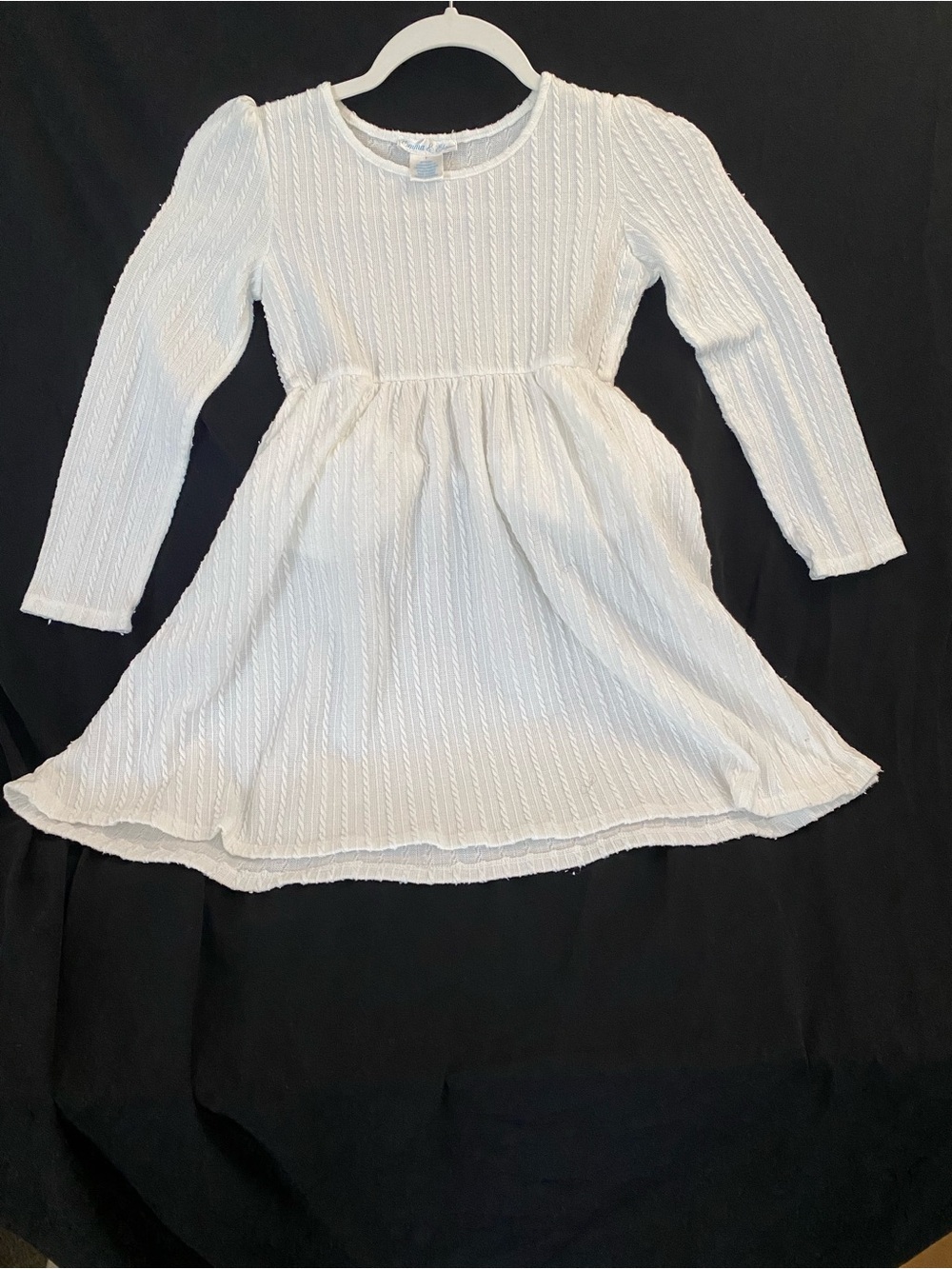 Emma & Elsa Girls White Cable Knit Long Sleeve Pocket Dress, Sizes 7 and 8.